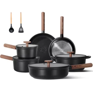 JEETEE Ceramic Cookware Sets 17 pcs, Healthy Pots and Pans Set Non Stick, Induction Kitchen Cooking Set with Removable Handles, Stackable Pots Pans, 