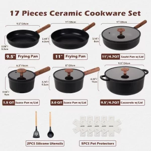 JEETEE Ceramic Cookware Sets 17 pcs, Healthy Pots and Pans Set Non Stick, Induction Kitchen Cooking Set with Removable Handles, Stackable Pots Pans, 