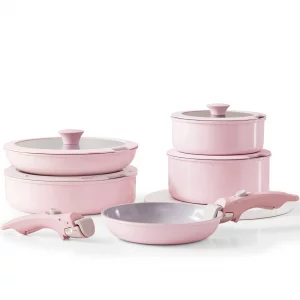 Vkoocy Pink Non Stick Pot and Pan Sets with Removable Handle, Ceramic Cookware Set Detachable Handle, Induction Kitchen Camping Stackable Pots Pans, 