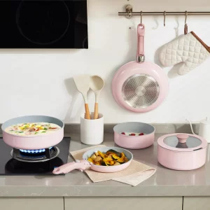 Vkoocy Pink Non Stick Pot and Pan Sets with Removable Handle, Ceramic Cookware Set Detachable Handle, Induction Kitchen Camping Stackable Pots Pans, 