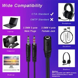 Headphone Splitter for PC 3.5mm Female to Dual 3.5mm Male Mic Audio Stereo Jack Y Splitter Cable Headphone Adapter Aux Cord, Suit for Smartphone/Gami