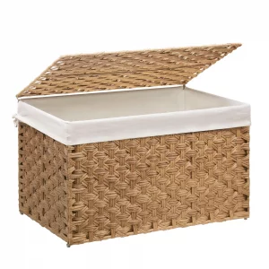 MOORLITER Wicker Storage Basket with Lid, 42.3 Gallon (160L) Large Blanket Basket with Lid, Woven Storage Bin with Handles, Removable Liner, Metal Fr