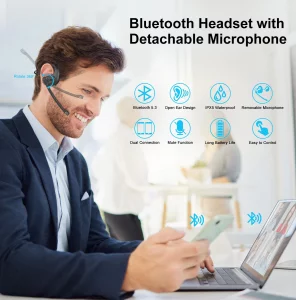 iDIGMALL Bluetooth Headset with Detachable Microphone, Multi-Point Wireless Headset w/DSP Noise Canceling Mic for Phone PC Laptop, Comfort & Light Op