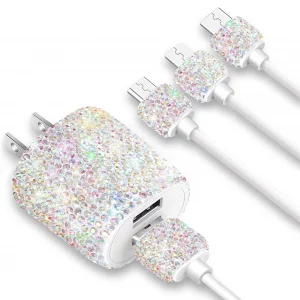 Bling USB Wall Charger with Charging Cable,Fast Block for iPhone Android,3 in 1 Multi Cable Micro USB Type C Multiple USB Cord with Crystal,Cell Phon
