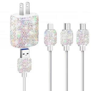 Bling USB Wall Charger with Charging Cable,Fast Block for iPhone Android,3 in 1 Multi Cable Micro USB Type C Multiple USB Cord with Crystal,Cell Phon