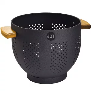 Metal Colander with Bamboo Wood Handle, 6 QT Large Strainer with Self-Draining Base, Kitchen Strainer Bowl for Pasta Spaghetti Vegetables Fruit Berry