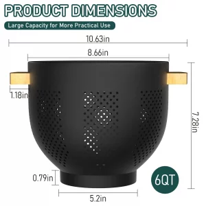 Metal Colander with Bamboo Wood Handle, 6 QT Large Strainer with Self-Draining Base, Kitchen Strainer Bowl for Pasta Spaghetti Vegetables Fruit Berry