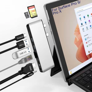 Surface Pro 9/Pro 11 USB Hub Docking Station with 4K HDMI, USB-C Thunerbolt 4(8K@30Hz Video+40G Data+100W Power), 100M RJ45, 2X USB3.0, SD, TF, 3.5mm