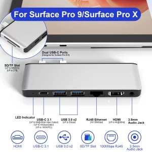 Surface Pro 9/Pro 11 USB Hub Docking Station with 4K HDMI, USB-C Thunerbolt 4(8K@30Hz Video+40G Data+100W Power), 100M RJ45, 2X USB3.0, SD, TF, 3.5mm