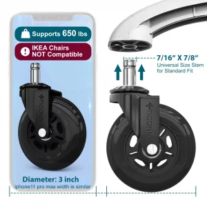 TICONN Office Chair Caster Wheels Set of 5 for Tile, Hardwood Floors and Carpets, Universal Fit for Most Chairs (Black)