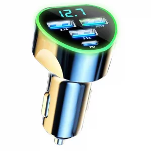 4 in 1 Multi Port USB C Car Phone Charger Adapter with Voltage Display, QC4.0/PPS/AFC Super Fast Cigarette Lighter USB Charge with Volt Meter for iPh