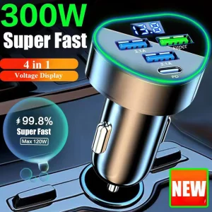 4 in 1 Multi Port USB C Car Phone Charger Adapter with Voltage Display, QC4.0/PPS/AFC Super Fast Cigarette Lighter USB Charge with Volt Meter for iPh