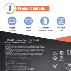 ASODI C41-N541 66Wh Laptop Battery Compatible with ASUS Q501L Q501LA-BBI5T03 Q501LA Series Notebook 0B200-00430100M N54PNC3 14.8V 4520mAh