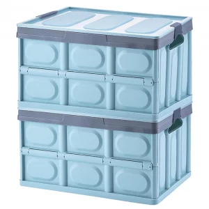 Lidded Storage Bin 2 Pack Plastic Storage Crates, 28L-Blue Stackable Plastic Storage Boxes Container, Collapsible Shelf Basket with Lid Home Office K