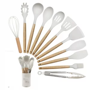 12 Pcs Silicone Cooking Kitchen Utensils Set,Non Stick Silicone Cooking Utensil Set ?Wooden Handle Heat Resistance?Cooking Stirring Tools (White)