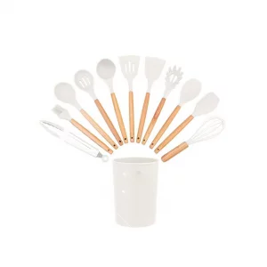 12 Pcs Silicone Cooking Kitchen Utensils Set,Non Stick Silicone Cooking Utensil Set ?Wooden Handle Heat Resistance?Cooking Stirring Tools (White)