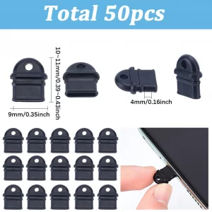 SUNNYCLUE 1 Box 50Pcs Phone Dust Plug Anti Dust Plug Type C Charging Port Dust Cover Charging Port Covers Anti Dust Caps Black Dust Plugs for Cell Ph