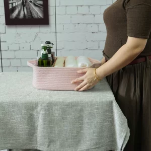 Woven Cotton Rope Storage Basket with Handles for Organizing Shelves Closet Small Cat Dog Pet Toy Baskets Box Bin Decorative Rectangle Baby Nursery b