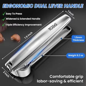 TOGYS Heavy Duty Stainless Steel Garlic Press - Professional Grade Garlic Mincer & Crusher with Ergonomic Soft Grip Handle, Dishwasher Safe, Rust-Pro