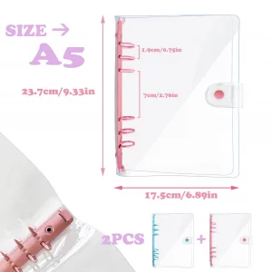 DY.2ten 2 Pack A5 Transparent Ring Binder Folders, Soft Notebook Planner Folder PVC Cover, 6 Ring Binder Refillable (Pink/Blue A5)