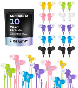JustJamz Bits 10 Pack Ear Buds Bulk  Earbuds for Kids and School  Multipack with 3.5mm Jack  Cheap Headphones for Classroom, Events, Business and 