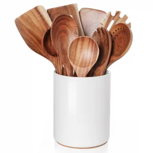 Nucookery Wooden Cooking Utensils Set with Holder, Nonstick Wooden Spoons for Cooking Spatula Set 10 Pcs, Teak Wood Kitchen Utensils Set, Ceramic Ute