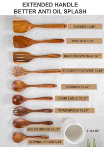 Nucookery Wooden Cooking Utensils Set with Holder, Nonstick Wooden Spoons for Cooking Spatula Set 10 Pcs, Teak Wood Kitchen Utensils Set, Ceramic Ute