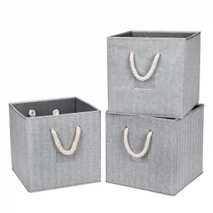 Robuy Cube Storage Bins,Grey Fabric Foldable Storage Bins,Set of 3 Stroage Boxes with Cotton Rope Handles for Organizer Home,Office, Nursery 13x13x13
