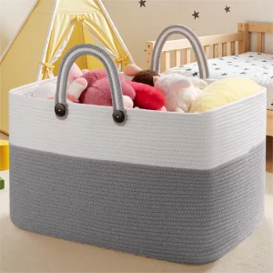 OIAHOMY 95L Large Blanket Basket, 24x16x15 Rectangle Woven Baskets For Storage, Nursery Blanket Storage Living Room, Toy Box With Long Handle-Grad