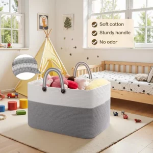 OIAHOMY 95L Large Blanket Basket, 24x16x15 Rectangle Woven Baskets For Storage, Nursery Blanket Storage Living Room, Toy Box With Long Handle-Grad