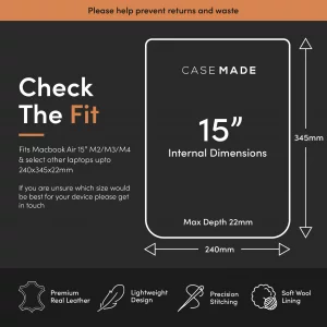 Casemade Real Leather Laptop Sleeve for MacBook Pro & Air Fits 13, 14, 15 & 16 Inch - Genuine Full Grain Leather with Soft Wool Lining (15 inch - Air