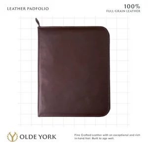 OLDE YORK Leather Padfolio  Leather Portfolio for Men, Padfolio for Men  100% Authentic Top-Grain Leather (Dark Brown)