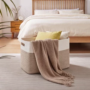 OIAHOMY 108L Extra Large Blanket Basket, 25x16x16 Laundry Basket, Blanket Storage for Living Room, Dog Toy Storage with Handle - Brown & White