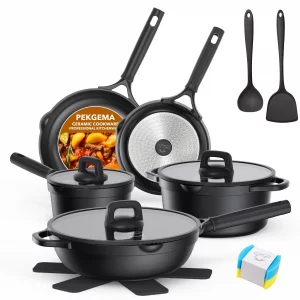 PekGema Nonstick Pots and Pans Set, Non Stick Cookware Set 14 Pcs, Induction Cooking Set with Pour Spouts and Oven Safe for Casserole, PFOA FREE, Cla