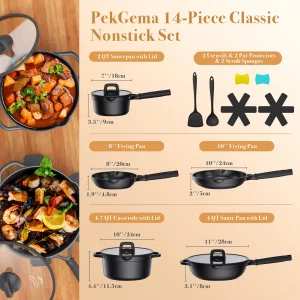 PekGema Nonstick Pots and Pans Set, Non Stick Cookware Set 14 Pcs, Induction Cooking Set with Pour Spouts and Oven Safe for Casserole, PFOA FREE, Cla