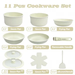 LECOOKING 11 PCS Pots and Pans Set, Cookware set with removable Handles, Dishwasher and oven Safe, Detachable Cooking Set, Induction and Gas Stove ki