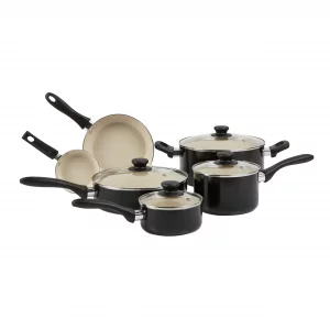 Amazon Basics 11-Piece Ceramic Non-Stick Pots and Pans Set, Dishwasher & Oven Safe, Non-Toxic, Easy Clean, Black/Cream