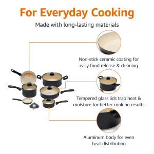 Amazon Basics 11-Piece Ceramic Non-Stick Pots and Pans Set, Dishwasher & Oven Safe, Non-Toxic, Easy Clean, Black/Cream