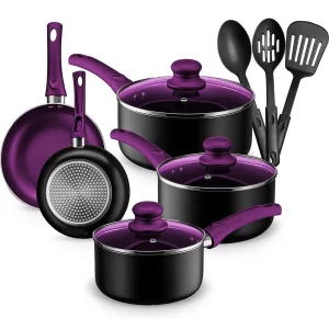 Chefs Star Aluminum Pots and Pans Set for Kitchen - Nonstick Stackable Induction Cookware, 11 Pcs, Purple
