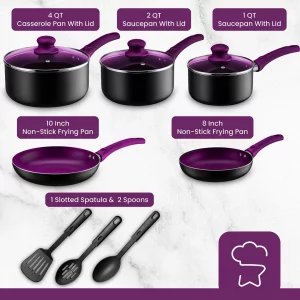 Chefs Star Aluminum Pots and Pans Set for Kitchen - Nonstick Stackable Induction Cookware, 11 Pcs, Purple