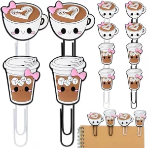 Humyoun 12 Pcs Coffee Cup Shape Paper Clips Funny Cute Paperclips Bookmarks Planner Clips Back to School Teacher Appreciation Gift Supplies for Emplo