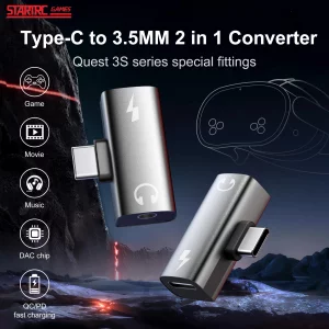 YipuVR USB C to 3.5MM Headphone and Charger Adapter for Meta Quest 3S Accessories, USB C Headphone Adapter with Charging, 2 in 1 Type-C to 3.5mm Audi