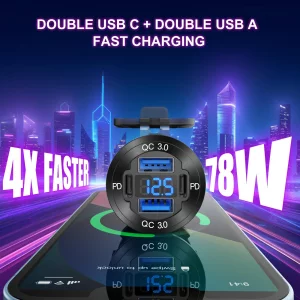 Upgraded 4 Port 12V USB Outlet Aluminum Charger, 78W Dual PD & QC Multiple USB Port for Car, USB C Cigarette Lighter Replacement 12 Volt Socket with 