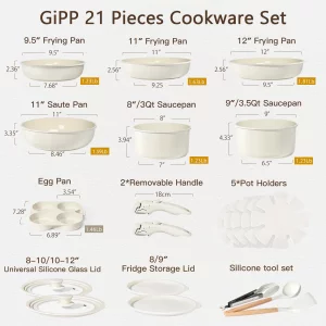 GiPP Ceramic Pots and Pans Set Non Stick, Nonstick Detachable Handle Cookware Sets, Healthy Non Toxic PFAS PFOA & PTFE Free, Dishwasher ?Oven Safe, I