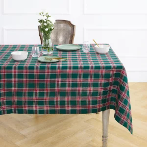 Solino Home Christmas Tablecloth 60 x 132 Inch - 100% Pure Linen Green Tartan Plaid Tablecloth for Rectangle Tables - Machine Washable Table Cloth