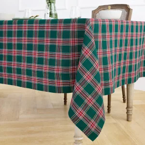 Solino Home Christmas Tablecloth 60 x 132 Inch - 100% Pure Linen Green Tartan Plaid Tablecloth for Rectangle Tables - Machine Washable Table Cloth