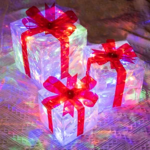 Hourleey Set of 3 Christmas Lighted Gift Boxes, Pre-lit 60 LED Light Up Present Boxes Ornament Decorations for Indoor Outdoor Xmas Tree Home Yard Law
