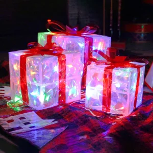 Hourleey Set of 3 Christmas Lighted Gift Boxes, Pre-lit 60 LED Light Up Present Boxes Ornament Decorations for Indoor Outdoor Xmas Tree Home Yard Law
