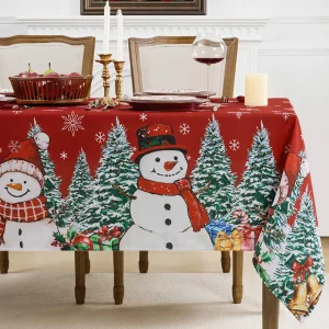 Romanstile Red Christmas Tablecloth, Printed Winter Snowman and Xmas Tree Design Rectangle Table Cloths, Holiday Decorative Stain-Resistant Table Cov