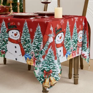 Romanstile Red Christmas Tablecloth, Printed Winter Snowman and Xmas Tree Design Rectangle Table Cloths, Holiday Decorative Stain-Resistant Table Cov